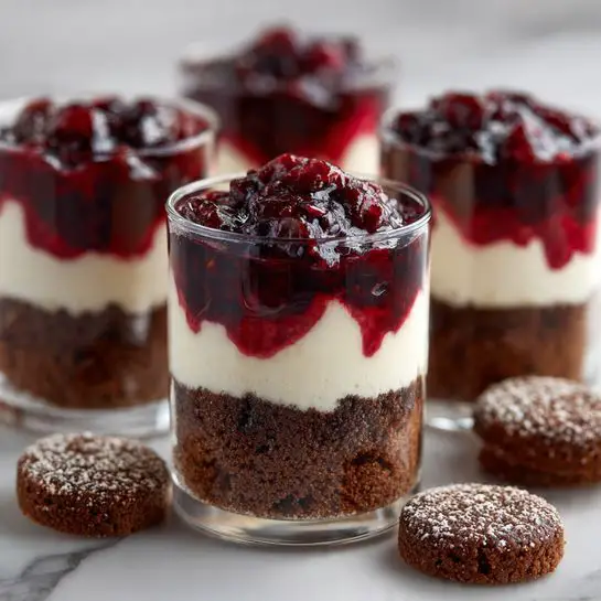 The image shows small clear glass cups each with three layers: the bottom layer is dark brown cake crumbs, the middle layer is white creamy filling, and the top layer is a shiny dark purple berry sauce with visible chunks. Around the cups, there are round dark brown cake pieces scattered on a white marbled surface. The cups and cake pieces are arranged naturally in a close-up view. photo taken with an iphone --ar 4:5 --v 7