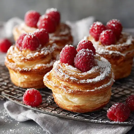 The image shows several golden-brown cupcakes with a swirl of light, flaky pastry layers stacked on top, each topped with bright red raspberries. The swirls have a dusting of white powdered sugar that highlights the texture of the pastry. The cupcakes are arranged closely on a dark cooling rack, hanging over a soft grey cloth, and more raspberries are scattered around the surface with a white marbled texture. The light shines softly on the pastries, making their crispy edges and soft centers stand out. Photo taken with an iphone --ar 4:5 --v 7