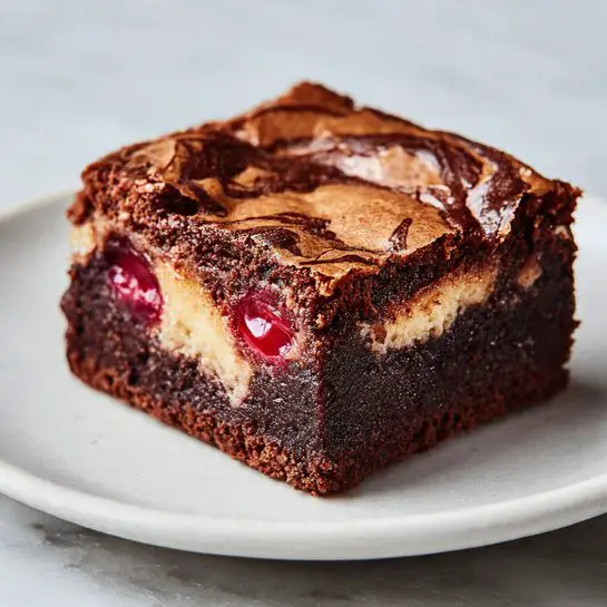 Three square chocolate brownies are placed on a white plate on a white marbled surface. Each brownie has a cracked, slightly crispy top layer with a glossy dark red swirl of fruit jam in the center. Thin lines of dark chocolate drizzle cross over the top of each brownie, adding texture and contrast. The brownies are thick with a rich, dense interior visible along the edges. In the background, there is a jar of jam and a stack of white plates, slightly out of focus. Photo taken with an iphone --ar 4:5 --v 7