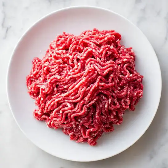 A close-up of a pile of raw ground meat placed in the center of a round white plate, showing a dense, curly texture with mixed light and deep red colors and small fat bits scattered throughout, resting on a white marbled surface, photo taken with an iphone --ar 4:5 --v 7
