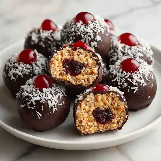 The image shows round chocolate balls coated in dark chocolate with a rough texture. Each ball is topped with a bright red cherry and sprinkled with white shredded coconut on the top half, creating a contrast in color and texture. One ball is cut in half, revealing three layers inside: a dark red cherry center, surrounded by a light beige nutty mixture with a grainy texture, and an outer smooth chocolate coating with bits of white coconut flakes. These balls are arranged on a white plate placed on a white marbled surface. Photo taken with an iphone --ar 4:5 --v 7