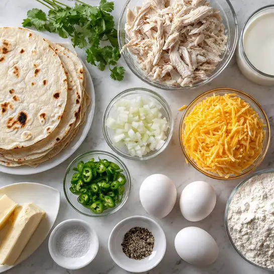 The image shows an overhead view of various ingredients neatly arranged on a white marbled surface. On the left side, there is a stack of light beige tortillas with some brown spots, showing their soft texture, placed next to chopped white onions in a clear glass bowl and fresh green cilantro sprigs. In the top center, shredded light-colored chicken sits in a clear glass bowl, next to a glass bowl filled with white milk. Below that, finely chopped green jalapeños are in a small white bowl. Near the bottom center, shredded yellow cheddar cheese rests in a clear glass bowl beside a white plate holding a stick and a block of pale yellow butter. Small white bowls contain salt and black pepper powder, while a larger clear glass bowl holds a mound of white flour. Two white eggs are placed near the middle of the layout, completing the scene. The photo is taken with an iphone --ar 4:5 --v 7