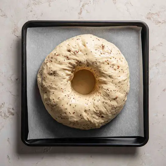 A round dough ring with a small hole in the middle sits on a sheet of baking paper on a black baking tray. The dough is light beige with small dark specks scattered all over. The surface of the dough looks smooth and slightly stretched with gentle folds near the seam on the top side. The tray is placed on a white marbled textured surface. Photo taken with an iphone --ar 4:5 --v 7