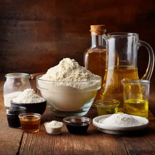 A clear glass bowl filled with white flour sits on a dark wood surface, surrounded by various measuring cups and smaller bowls holding white powdered ingredients. To the right is a large clear measuring jug with a golden-yellow liquid and a smaller clear glass jug with a transparent liquid. In the foreground, there is a small white round divided dish with two white powders and small containers with lids, one filled with a dark liquid and another with a white solid. The surface is dark wood with a warm tone and visible grain patterns. photo taken with an iphone --ar 4:5 --v 7