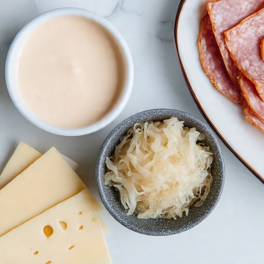 A white bowl filled with light pink creamy sauce sits on the left side on a white marbled surface. Next to it, slightly above, there is a small dark gray speckled bowl filled with shredded pale yellow sauerkraut. To the right of the bowl are three slices of pale yellow cheese with holes, spread in a fan shape. In the top right corner, part of a white plate with a dark rim holds thin slices of pinkish-red meat. photo taken with an iphone --ar 4:5 --v 7