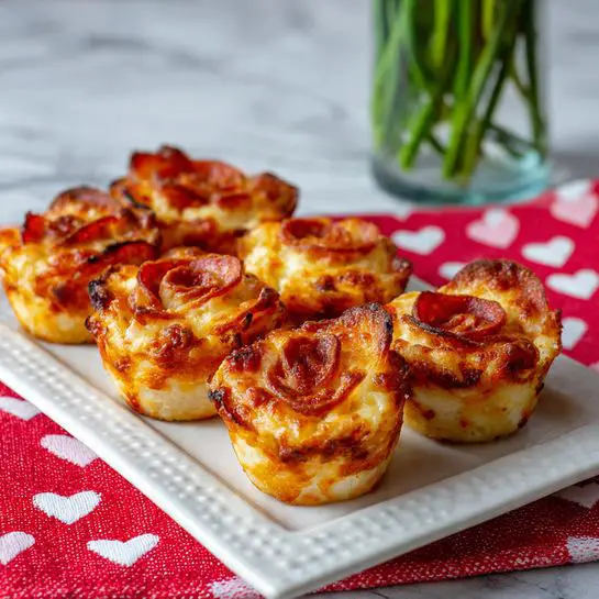 Five baked rose-shaped pastries are arranged on a white rectangular plate with small raised dots along the edges. Each pastry has multiple outer layers with a golden-brown crust, curling inward like petals, with darker browned edges. Inside the layers are reddish slices resembling pepperoni, alternating with creamy melted cheese that is slightly browned in spots. The plate sits on a red and white textured cloth with heart patterns, and in the background, there is a glass vase with green plants. The surface beneath is a white marbled texture. Photo taken with an iphone --ar 4:5 --v 7