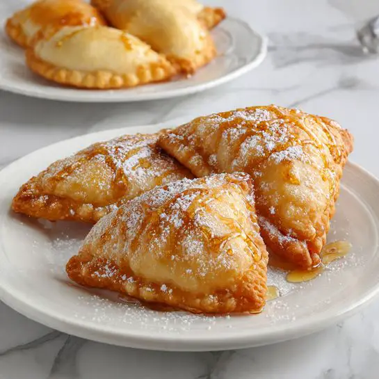 Three golden brown fried pastries are placed on a white plate. They are triangular and quarter circle in shape, showing slightly crispy and textured surfaces. The pastries are dusted with white powdered sugar and have a light drizzle of honey or syrup on top, adding a shiny contrast. The plate sits on a white marbled surface. In the background, there is another white plate with more pastries that are blurred out. photo taken with an iphone --ar 4:5 --v 7