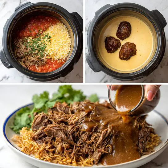 The image shows three scenes of making a rich shredded meat dish. The top-left part displays a black pot with six layers inside: a chunky red tomato base on the left, a creamy light beige sauce on the top right, some white liquid in the middle, dark red sauce at the top middle, and green herbs sprinkled in the center, all on top of shredded light brown meat. The top-right part shows the black pot again but now with three browned pieces of cooked meat sitting in deep dark brown sauce. The bottom part shows shredded meat piled high on a large white plate with a blue rim, with a thick dark brown sauce being poured from a glass jug held by a woman’s hand, and fresh green cilantro leaves on top. The background is white marbled. Photo taken with an iphone --ar 4:5 --v 7