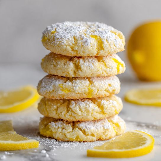 A stack of seven round lemon cookies with light yellow color is placed in the center. The cookies have a soft and slightly crumbly texture with a dusting of white powdered sugar on top and around them. Around the stack, there are thin, round lemon slices with visible seeds and a glossy surface. The entire setup is on a surface with a white marbled texture, with soft natural light highlighting the cookies' textures and the powdered sugar. Photo taken with an iphone --ar 4:5 --v 7
