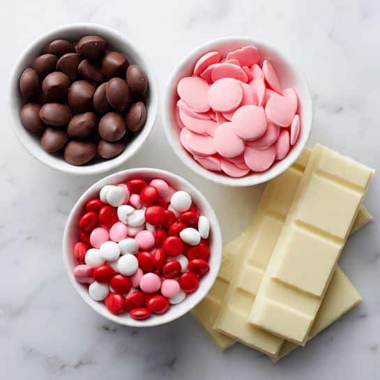 The image shows three white bowls placed on a white marbled surface. The bowl at the top left is filled with smooth, round dark chocolate pieces. The bowl at the top right has flat, round pink candy wafers. The bowl at the bottom center holds a mix of shiny red, pink, and white candy-coated chocolates. To the right of the bowls, there are six rectangular white chocolate bars stacked slightly unevenly on the surface. The overall look is colorful with a mix of dark brown, pink, red, white, and pale yellow shades. photo taken with an iphone --ar 4:5 --v 7