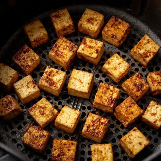 The image shows a single layer of small golden-brown cubes of tofu arranged evenly inside a black air fryer basket. Each cube has a lightly crispy, slightly shiny outer texture with some browned spots, while the inside appears soft and creamy. The black mesh-like pan surface contrasts with the warm tones of the tofu, making the cubes stand out clearly. Photo taken with an iphone --ar 4:5 --v 7