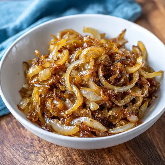 A white bowl filled with caramelized onions that are golden brown and soft, showing different shades of light and dark brown with a shiny, slightly sticky texture. The onions are thinly sliced and appear layered loosely inside the bowl. The bowl sits on a wooden surface with a blue cloth nearby. Photo taken with an iphone --ar 4:5 --v 7