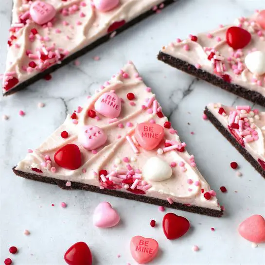 A stack of triangle-shaped candy bark pieces rests on a small white wire cooling rack sitting on a white marbled surface. Each piece has two layers: a bottom thin dark brown chocolate layer and a thick top layer of swirled white and pink chocolate with a smooth, glossy texture. The top is decorated with scattered red, pink, and white round candies, tiny red and pink heart-shaped sprinkles, small cylindrical pink and red sprinkles, and pastel-colored heart-shaped candies in soft purple, green, yellow, white, and pink. Around the rack on the surface are a few loose candies and candy hearts, with a white heart-shaped bowl filled with pastel conversation heart candies nearby. photo taken with an iphone --ar 4:5 --v 7