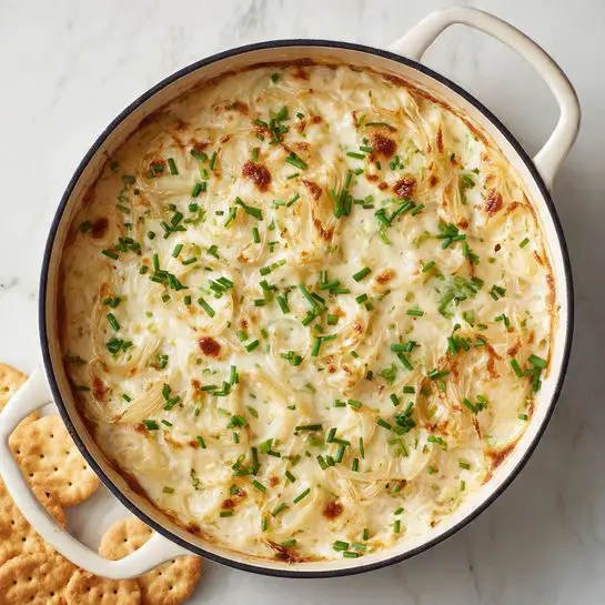 A round dish filled with a creamy, light golden baked mixture that has thin, soft onion slices spread evenly throughout, topped with melted cheese that forms a smooth, slightly browned layer. Small pieces of chopped green chives are scattered across the surface, adding a pop of color. The dish is in a white pan with a black rim, set on a white marbled surface. Some light beige crackers are seen on the side near the top left corner. photo taken with an iphone --ar 4:5 --v 7