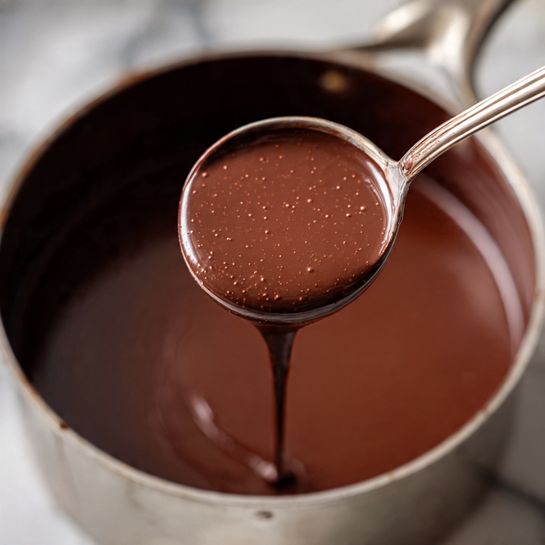A close-up image of a metal ladle filled with smooth, thick chocolate batter that is light brown with tiny darker specks. The ladle is held above a large pot filled with the same glossy chocolate batter. The background is softly blurred, focusing fully on the ladle and its rich liquid texture, with the pot having a dark color inside. The setting shows a white marbled surface beneath. photo taken with an iphone --ar 4:5 --v 7