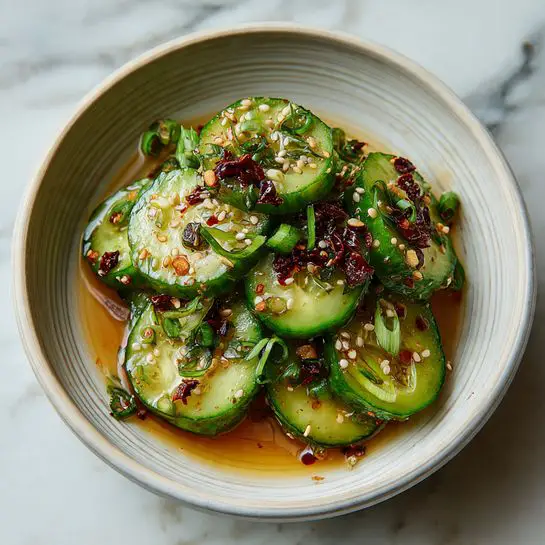 A close-up view of a dish featuring two layers of thin, round, green cucumber slices with light seeds in the middle, garnished generously with chopped bright green scallions scattered on top. Small bits of dark red, dried chili flakes are spread over the cucumbers, along with a few white sesame seeds adding texture. The cucumbers have a slightly shiny, light coating of oil or sauce, giving them a fresh, glossy look. The dish is served in a white bowl with subtle ridged lines visible inside, placed on a white marbled surface. Chicksticks rest on the bowl edge, visible at the top right corner of the image. Photo taken with an iphone --ar 4:5 --v 7