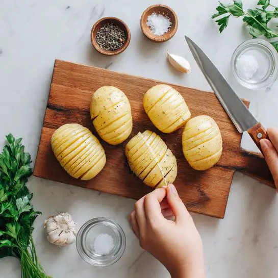 A wooden cutting board holds four whole light yellow potatoes with small brown spots; one potato is on top of two silver knives, being sliced into thick vertical slices with a silver knife with a wooden handle held by a woman's hand at the bottom right. Around the board, there are small bowls with black pepper and white salt, both with small wooden spoons, and a glass container with two garlic cloves inside. Fresh green parsley is partially visible at the bottom left, all set on a white marbled textured surface. Photo taken with an iphone --ar 4:5 --v 7