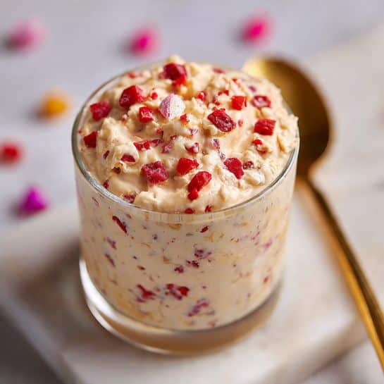 The image shows a clear glass jar filled with a creamy, light pink mixture that is swirled around the sides in a spiral pattern. The top layer has small, crushed red and white peppermint candy pieces scattered evenly across the center. The jar sits on a white marbled surface with some books or magazines slightly visible underneath. The texture of the creamy mixture looks smooth but thick, with the candy bits adding a rough, crunchy contrast. photo taken with an iphone --ar 4:5 --v 7