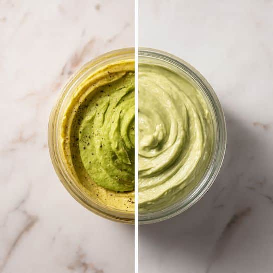 The image shows two top-down views of a clear glass container on a white marbled surface. The left side shows several thick green avocado chunks mixed with small white garlic cloves, black pepper, coarse salt, and a dollop of mustard yellow paste with a slightly grainy texture, all layered inside the jar. The right side shows the same jar filled with smooth, creamy light green avocado mixture, evenly blended to a soft and thick texture with some folds and swirls. Both views focus closely on the jar’s contents with natural lighting highlighting the details. Photo taken with an iphone --ar 4:5 --v 7