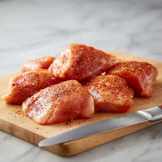 The image shows several pieces of raw chicken seasoned with a reddish spice mix, arranged on a light wooden cutting board. The chicken pieces vary in shape and size, some looking like fillets while others appear chunkier. There is a silver knife with a smooth blade resting on the board near the chicken. The background has been changed to a white marbled texture. photo taken with an iphone --ar 4:5 --v 7