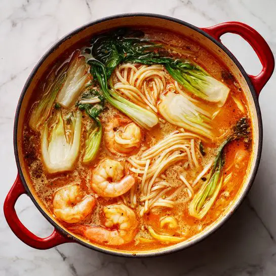 A white bowl is filled with a rich reddish broth that looks smooth and spicy. Inside, there are two whole orange shrimp placed near the front with their tails and heads visible. Thin white noodles are curled in the middle, slightly soaked in the broth. There are two open clams with soft beige meat resting on top of the noodles. Green vegetables and green onion stalks add freshness near the shrimp. White rings of squid with a soft texture float on the upper left side. Some pale pieces of cabbage and small tentacles of octopus are scattered on the right side of the bowl. The background is a white marbled surface with chopsticks placed at the top right corner. photo taken with an iphone --ar 4:5 --v 7