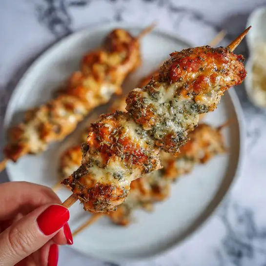 The image shows a close-up of a grilled skewer with three pieces of chicken covered in melted cheese with a golden brown crust. The cheese layer is mixed with green herbs and tiny bits of seasoning, giving a textured look. The chicken underneath is rich orange-brown and slightly shiny, with a crispy finish on some parts. The skewer stick is light brown and held by a woman's hand with red nail polish. In the background, more similar skewers lie on a white plate on a white marbled surface. The photo taken with an iphone --ar 4:5 --v 7