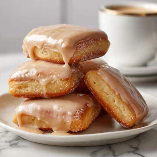 A stack of four golden-brown rectangular pastries covered with smooth, light brown icing on top, arranged on a white plate with some icing dripping down the sides. The pastries have a slightly crispy texture and are piled unevenly, with two on the bottom, one in the middle, and one resting on top at an angle. In the background, there is a white cup blurred out, all set on a white marbled surface. Photo taken with an iphone --ar 4:5 --v 7