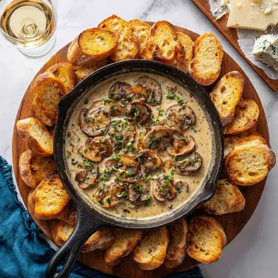 A cast iron skillet filled with creamy light brown mushroom sauce, with slices of tender mushrooms and small green herb leaves on top, sitting on a wooden round board. Around the skillet, there are many crispy golden brown toasted bread slices arranged in a circle. To the upper left, a clear glass of light golden drink is placed. In the upper background, a white wooden board with white cheese pieces and a blue cloth can be seen, all on a white marbled surface. photo taken with an iphone --ar 4:5 --v 7