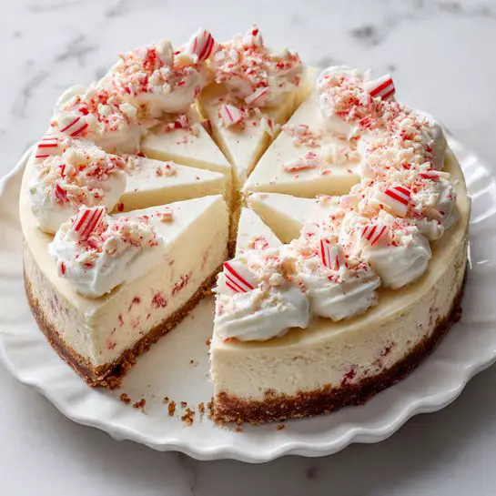 The image shows a round peppermint cheesecake cut into eight slices on a white plate with ruffled edges, placed on a white marbled surface. The cheesecake has three visible layers: a light brown crust at the bottom, a thick white middle layer of creamy cheesecake with small red specks, and a thick top layer of whipped cream. The top is decorated with white chocolate shavings mixed with crushed peppermint pieces along the edges, and there are whole red and white striped peppermints arranged in a line across the center. One slice is slightly pulled away from the rest, revealing the clean layers. Photo taken with an iphone --ar 4:5 --v 7