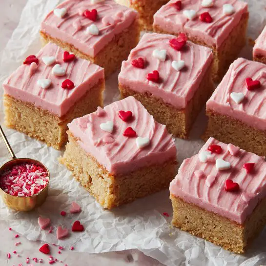 The image shows a batch of square cut dessert bars arranged on crinkled white parchment paper over a white marbled surface. Each of the bars has two layers: a golden brown bottom cake layer and a thick, smooth top layer of bright pink frosting that is slightly swirled in texture. The pink frosting is decorated with small heart-shaped sprinkles in red, white, and pink colors evenly scattered on top. A few of the bars are separated from the main group, with none of them being held by a woman's hand. Near the bottom right, there is a small golden measuring cup filled with more of the same heart-shaped sprinkles, some scattered around on the marble surface. Photo taken with an iphone --ar 4:5 --v 7