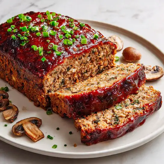 The image shows a thick loaf of meatloaf on a white plate placed on a white marbled surface. The meatloaf has two thick slices cut from the front, revealing a textured interior mixed with small bits and herbs. The top layer is coated with a dark reddish-brown glaze, which is shiny and smooth, and sprinkled with chopped green onions. Around the plate, there are whole and sliced mushrooms scattered on the white marbled surface. Photo taken with an iphone --ar 4:5 --v 7
