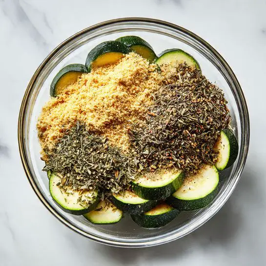 In a clear glass bowl sitting on a white marbled surface, there is one layer of sliced green zucchini pieces with light green flesh and dark green skin. On top of the zucchini, there are two main piles of seasoning: one side has a light yellow powder with a crumbly texture, and the other side has a mix of brown and green dried herbs with a fine, leafy texture. The ingredients are arranged side by side, making the spices stand out clearly against the zucchini layer below. Photo taken with an iphone --ar 4:5 --v 7