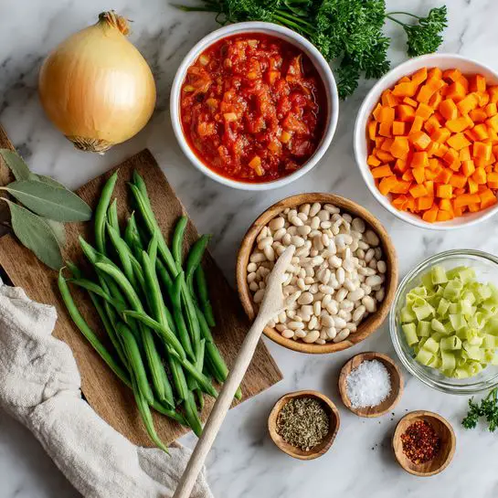 A flat lay photo showing fresh cooking ingredients on a white marbled surface, including a whole yellow onion and fresh green beans lying on a wooden cutting board with two bay leaves and a dish towel beside them. There is a white bowl filled with bright red diced tomatoes in juice, a white bowl with chopped orange carrots, a clear glass bowl holding chopped light green celery, and a clear glass bowl filled with dry white beans. A wooden bowl in the center contains small dry pasta with a wooden spoon resting on top. Small white and wooden dishes hold dried herbs, red chili flakes, salt, and cumin seeds. Fresh green parsley is placed near the top left corner. photo taken with an iphone --ar 4:5 --v 7