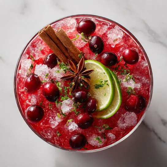 A large clear glass bowl filled with a bright red drink layered with crushed ice spread unevenly across the top. Floating on the surface are dark red whole cranberries scattered throughout, along with several green lime slices showing their textured inner flesh. Cinnamon sticks rest flat on top, along with a few star anise pieces adding a dark brown contrast. Small green herb sprigs and lime zest are lightly sprinkled over the drink, which sits on a white marbled surface. photo taken with an iphone --ar 4:5 --v 7