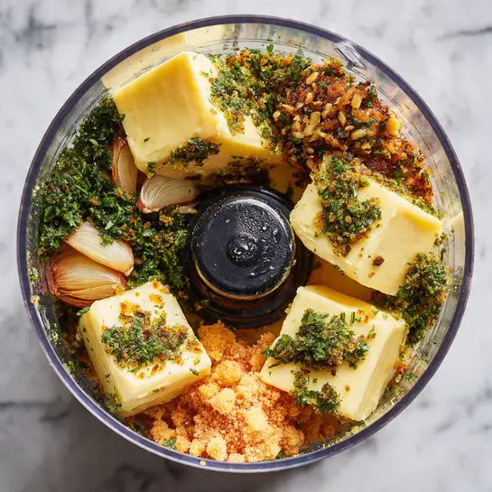 Inside a clear food processor bowl, there are several blocks of pale yellow butter sprinkled with small green herb flakes. Around the butter, there are thin, caramelized golden-brown onion slices and a small pile of minced light orange garlic. The ingredients rest on the base with a shiny black center piece of the food processor, and some chopped green herbs are scattered throughout. The scene is set on a white marbled texture. photo taken with an iphone --ar 4:5 --v 7