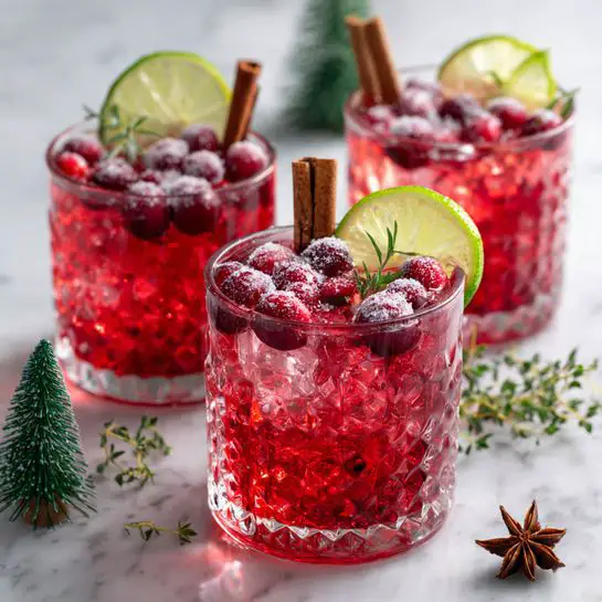 The image shows several clear textured glass goblets filled with a pink-red drink. Each goblet contains ice cubes and is topped with bright red cranberries, some dusted lightly with white sugar, floating on the surface. There are also thin slices of green lime placed vertically inside the drink, along with long brown cinnamon sticks and dark star anise spices. The goblets sit on a white marbled surface, surrounded by small green thyme sprigs and a small green pine tree decoration near the front right. The light brings a fresh and festive look to the scene. photo taken with an iphone --ar 4:5 --v 7