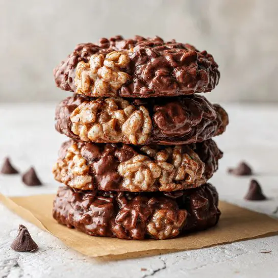 The image shows a round, flat cluster of brown chocolate mixed with small, light brown nuts, placed on a square piece of light beige parchment paper. Surrounding this cluster are similar chocolate and nut clusters, all resting on a dark teal textured surface. A few chocolate chips are scattered around the edges of the image. The chocolate clusters have a glossy, slightly bumpy texture because of the nuts inside them. photo taken with an iphone --ar 4:5 --v 7
