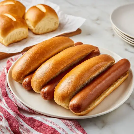 Four long, smooth brown sausages are placed side by side on a round white plate, each sausage showing a slightly shiny texture. Next to the plate, there are four soft, golden brown hot dog buns with a slit on top, arranged neatly on white parchment paper. The background is a white marbled wooden surface with a red and white striped cloth partially spread near the plate. The photo taken with an iphone --ar 4:5 --v 7