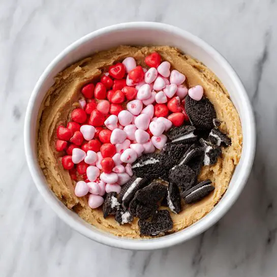 A white bowl on a white marbled surface holds a thick, light brown cookie dough base, pressed around the edges and slightly scooped in the center. On top of this dough, there are three groups of toppings: small red, pink, and white candy-coated chocolates clustered mostly to one side; broken pieces of dark chocolate sandwich cookies with white cream filling scattered next to the candies; and some areas of exposed dough visible around the edges. The colors contrast well, with the bright candies, dark cookies, and pale dough all clearly visible. Photo taken with an iphone --ar 4:5 --v 7