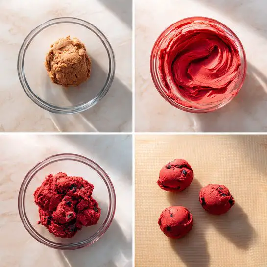 The image shows four close-up views of red velvet cookie dough being made. The top left shows a clear glass bowl with a light brown grainy dough on a white marbled surface. The top right is a clear bowl with smooth red batter that has a thick, creamy texture and swirls on the surface. The bottom left shows the red dough mixed with crushed black and white cookie pieces in a clear bowl, with the dough having a rough, chunky texture. The bottom right features shaped red dough balls with cookie chunks on top, placed on a beige baking mat on a white marbled surface, with sunlight casting soft shadows. photo taken with an iphone --ar 4:5 --v 7