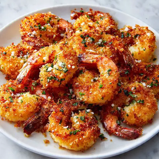 A white plate filled with several golden-brown fried shrimp, each coated in a crispy breadcrumb layer with a slightly rough texture. The shrimp have a light orange color with the tails showing, and they are sprinkled with small green herb pieces and white grated bits on top. The shrimp are piled closely together, creating an inviting, crunchy look, and the plate sits on a white marbled surface. photo taken with an iphone --ar 4:5 --v 7