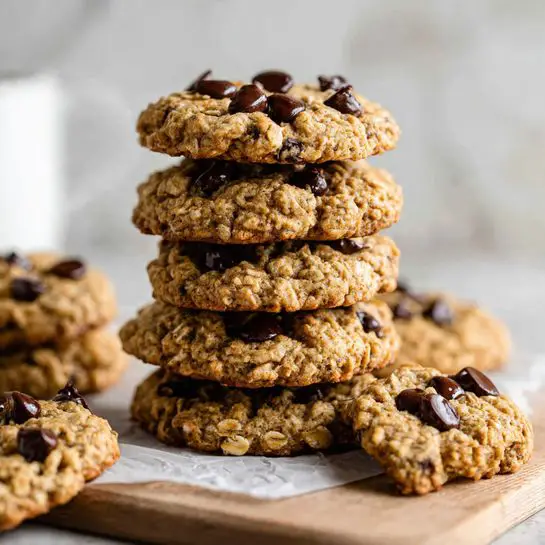 A stack of golden brown oatmeal cookies with dark chocolate chips is placed on white parchment paper over a light wooden board. Each cookie shows visible oat flakes and several scattered glossy chocolate chips on top, with some chocolate chips also embedded inside the cookies. Around the stack, a few single cookies lie flat, showcasing a rough, textured surface with the oats and chocolate chips standing out. The background is a white marbled texture with a blurred white cup visible at the top left corner. Photo taken with an iphone --ar 4:5 --v 7