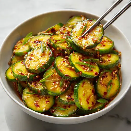 The image shows a white bowl full of thin green cucumber slices layered closely together, each slice covered in a shiny, oily red chili sauce with visible red chili flakes, black and white sesame seeds, and small green onion rings, giving a textured and spicy look. A pair of silver chopsticks held by a woman's hand is picking up one of the cucumber slices near the center right of the bowl. The background surface is a white marbled texture. photo taken with an iphone --ar 4:5 --v 7