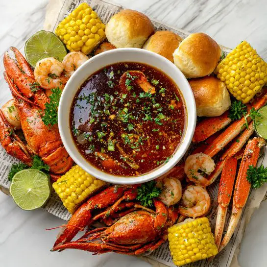 The image shows a white bowl filled with dark red spicy seafood sauce, garnished with green herbs, and a metal ladle resting inside the bowl. Surrounding the bowl on a white marbled surface are layers of bright orange crab legs and whole crawfish, pieces of yellow corn on the cob, red potatoes, halved green limes, golden brown soft rolls, and a few large shrimp. The seafood and vegetables look seasoned with herbs and spices, scattered with green herb bits for extra color. The whole setup has a rustic look with a mix of vibrant reds, yellows, greens, and browns. photo taken with an iphone --ar 4:5 --v 7