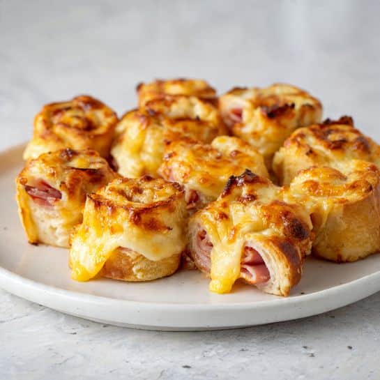 There are seven rolled sandwiches on a white plate placed on a white marbled surface. Each sandwich has two visible layers: the outer layer is golden brown toasted bread with a slightly crisp texture, and the inner layer has melted yellow-orange cheese and thin slices of light pink ham. Six sandwiches are grouped close together with melted cheese and ham peeking from their ends, while one sandwich lies separately to the right, showing its spiral bread roll from the front. The lighting highlights the warm colors and toasted texture of the bread. Photo taken with an iphone --ar 4:5 --v 7