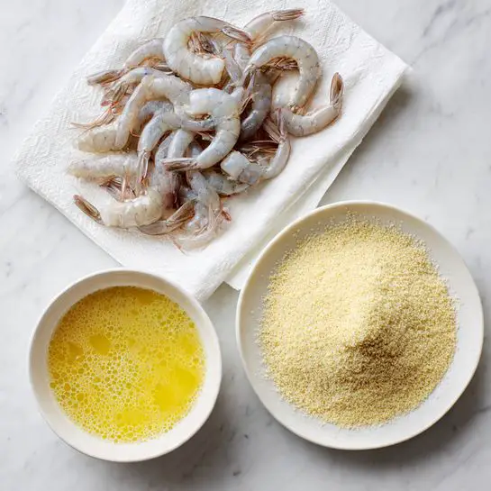 The image shows three main layers for preparing a shrimp dish, all placed on a white marbled surface. In the top left, peeled raw shrimp are spread out on white paper towels, displaying their translucent gray and light pink colors. Below this, a white bowl holds a yellow beaten egg mixture with visible bubbles and a smooth liquid texture. On the right side, a white plate contains a fine, pale yellow breadcrumb mixture with a slightly grainy texture. The setting is simple, with no extra decorations, focusing on the three ingredients arranged close together. Photo taken with an iphone --ar 4:5 --v 7