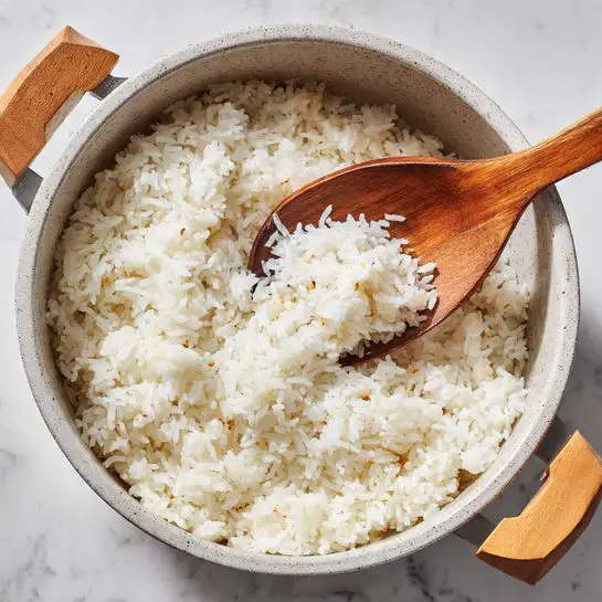 The image shows a close-up of a cooking pot filled with cooked white rice. The pot is light gray with a speckled texture and has wooden handles on the sides. A wooden spoon is scooping some rice from the pot, revealing the soft and fluffy texture of the individual grains. The pot is placed on a white marbled surface, which adds a clean and bright background to the composition. The rice looks moist and evenly cooked, with no other visible ingredients or garnishes in the pot. photo taken with an iphone --ar 4:5 --v 7