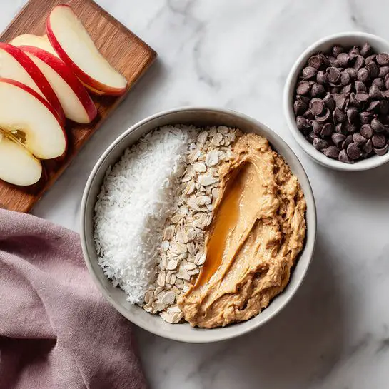 A round light gray bowl sits on a white marbled surface, filled with three layers: on the left, a fluffy white shredded coconut layer, on the right, a smooth light brown almond butter layer, and at the bottom between them, a small shiny amber honey layer. To the left of the bowl, a wooden cutting board shows three pale yellow apple slices with red edges. To the right, a white bowl containing dark brown chocolate chips is placed. A light mauve towel lies partially in the bottom left corner. photo taken with an iphone --ar 4:5 --v 7