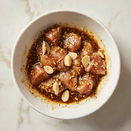 A white bowl holds raw pink chicken pieces covered in a thick, brown marinade mixed with sliced pale yellow garlic cloves, sitting on a white marbled surface. The chicken pieces are glossy and wet, showing different sizes and shapes with the sauce coating them unevenly, creating a rich texture inside the bowl. Splashes of sauce cling to the bowl’s edges, adding to the messy look. photo taken with an iphone --ar 4:5 --v 7