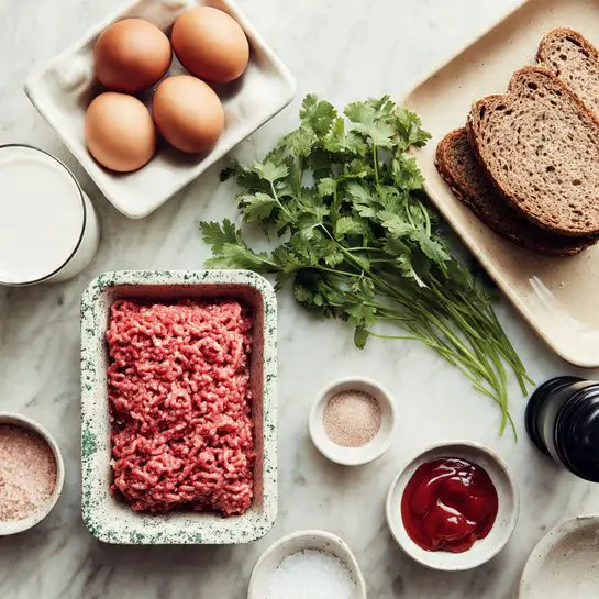 The image shows various cooking ingredients arranged on a white marbled surface. At the top left, two brown eggs sit in a white ceramic egg holder next to a few slices of brown bread on a beige tray. Fresh green cilantro with long stems is spread out beside the bread. A small glass of white milk is placed nearby. Below, a pack of raw ground meat with a pink-red color is laid in a speckled white and green tray. Around these main items, there are small white bowls containing light brown sugar, bright red ketchup, and white salt. A dark pepper grinder is also seen beside the bowls. photo taken with an iphone --ar 4:5 --v 7